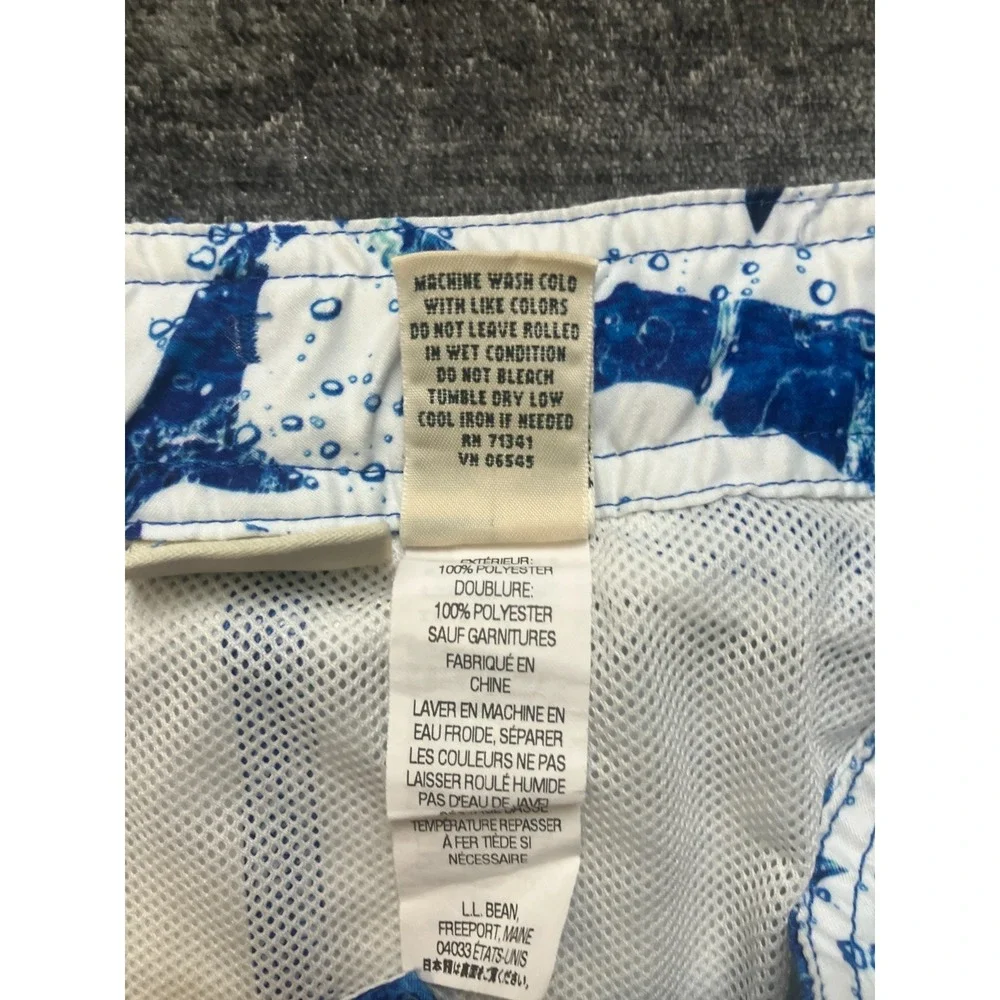 L.L. Bean Swim Trunks Boys 18 White Blue Shark Print Beach Wear Drawstring Waist